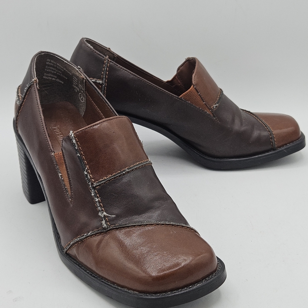 Vintage Patchwork Chocolate Brown Chunky 3" Heel Loafers Size 7